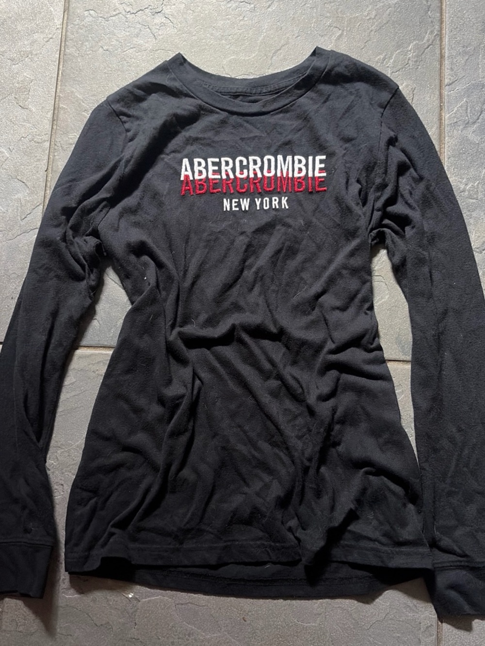 abercrombie kids Black Long-Sleeve Logo Tee with Red & White Embroidery